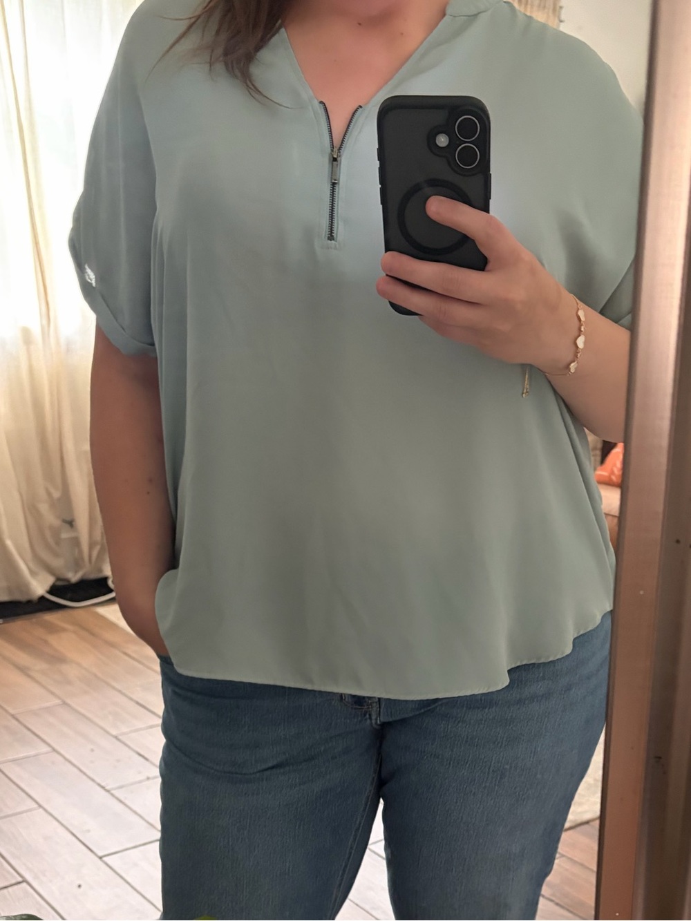 Maurices Womens Mint Blue Zip Front Blouse Top 1X Short Roll Tab Sleeve